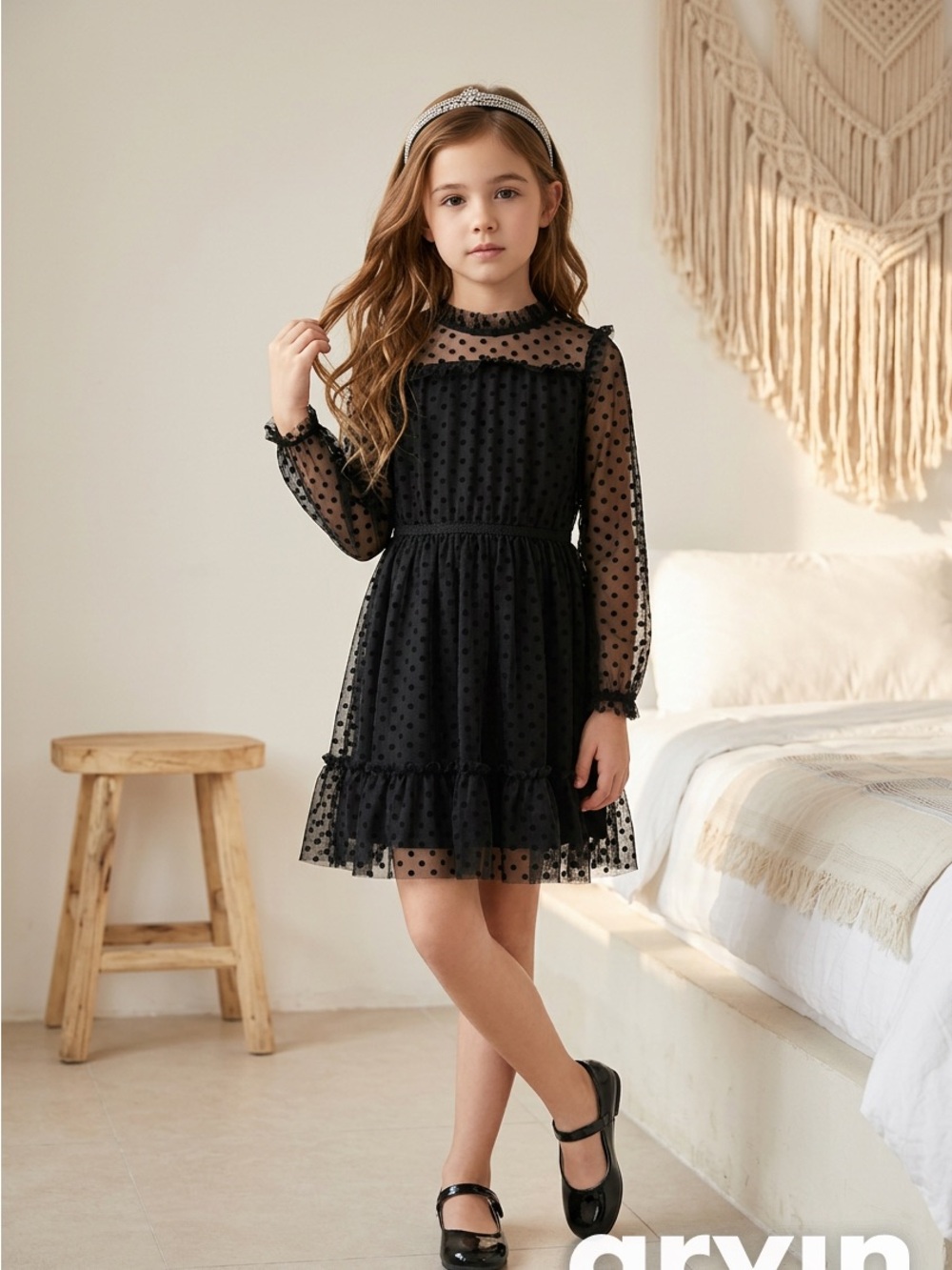 BCBGirls Black Polka Dot Mesh Ruffle Dress